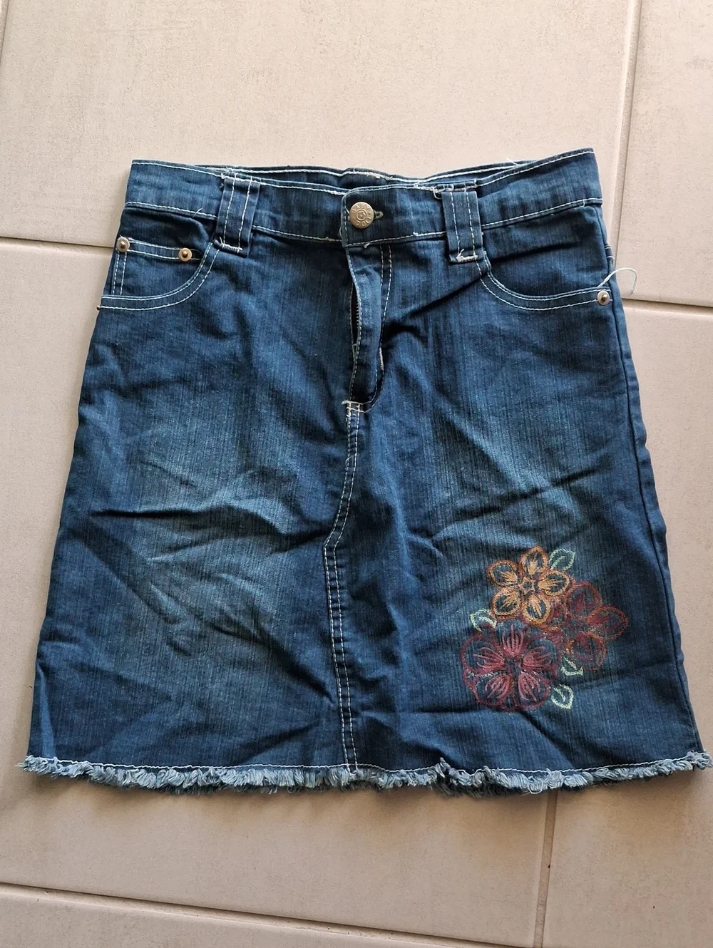 Dark Blue Denim Floral Embroidered Skirt - Picture 1 of 3